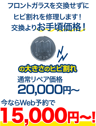 フロントガラスを交換せずにヒビ割れを修理します！交換よりお手頃価格！ 100円玉の大きさのヒビ割れ 通常リペア価格20,000円～のところを、今ならWeb予約で10,000円～！